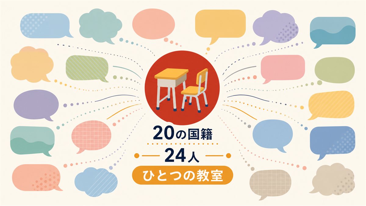 20の国籍・24人の生徒がひとつの教室に集まっていることを示した図