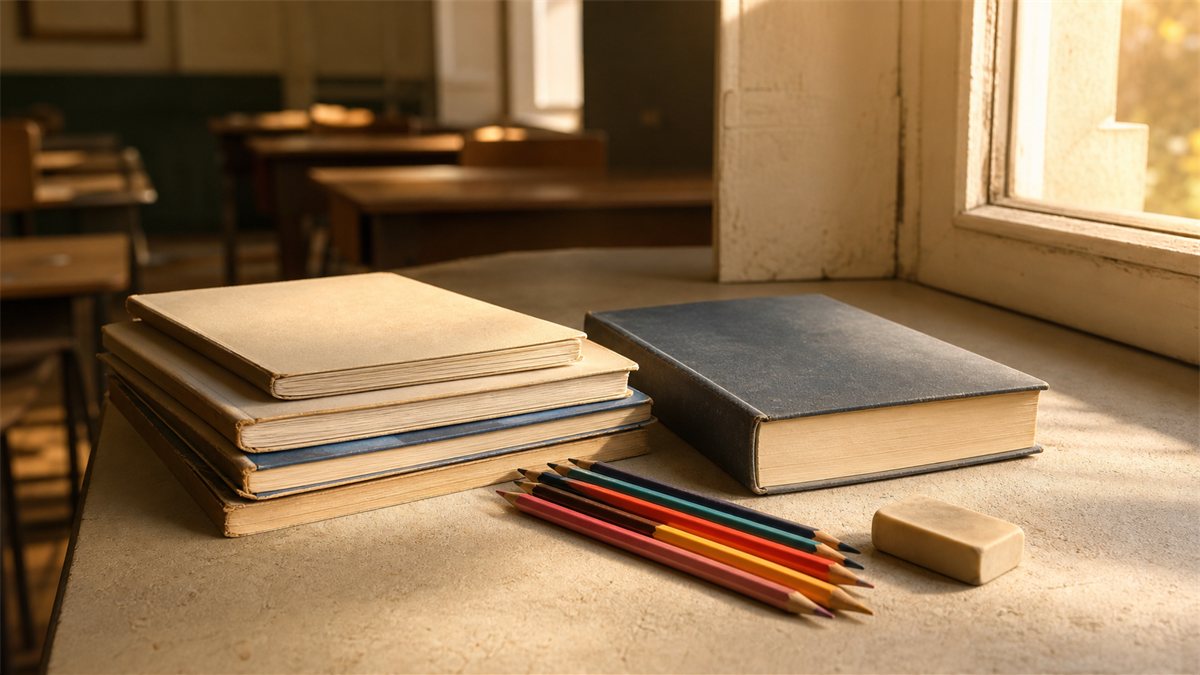 放課後の教室の窓辺に置かれた学習ノートと色鉛筆