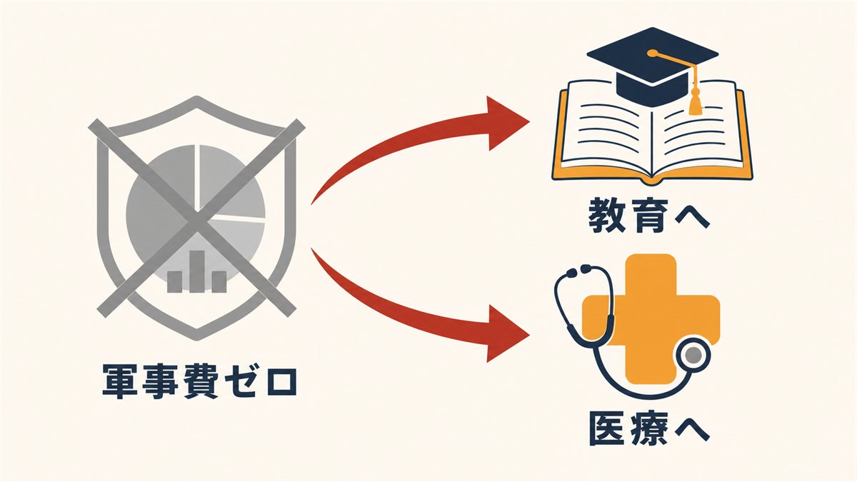 軍事費をやめて教育と医療に予算を振り向けたことを示した図