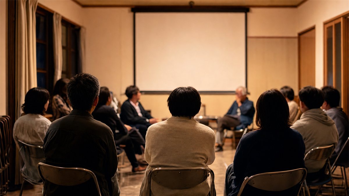 上映後の会場で参加者が車座になって語り合っている様子