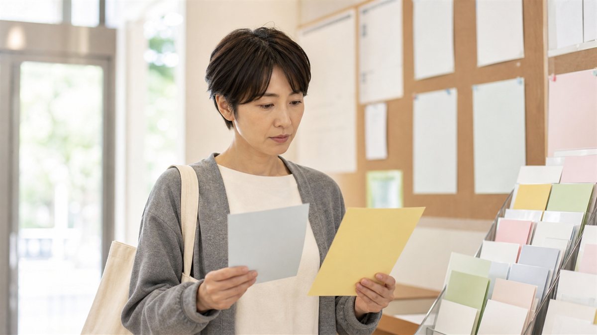 上映会のチラシを見比べながら観る作品を選んでいる来場者