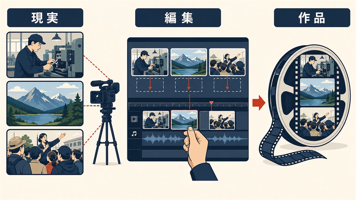 現実の出来事を撮影し作り手が編集するというドキュメンタリー映画の成り立ちを示した図