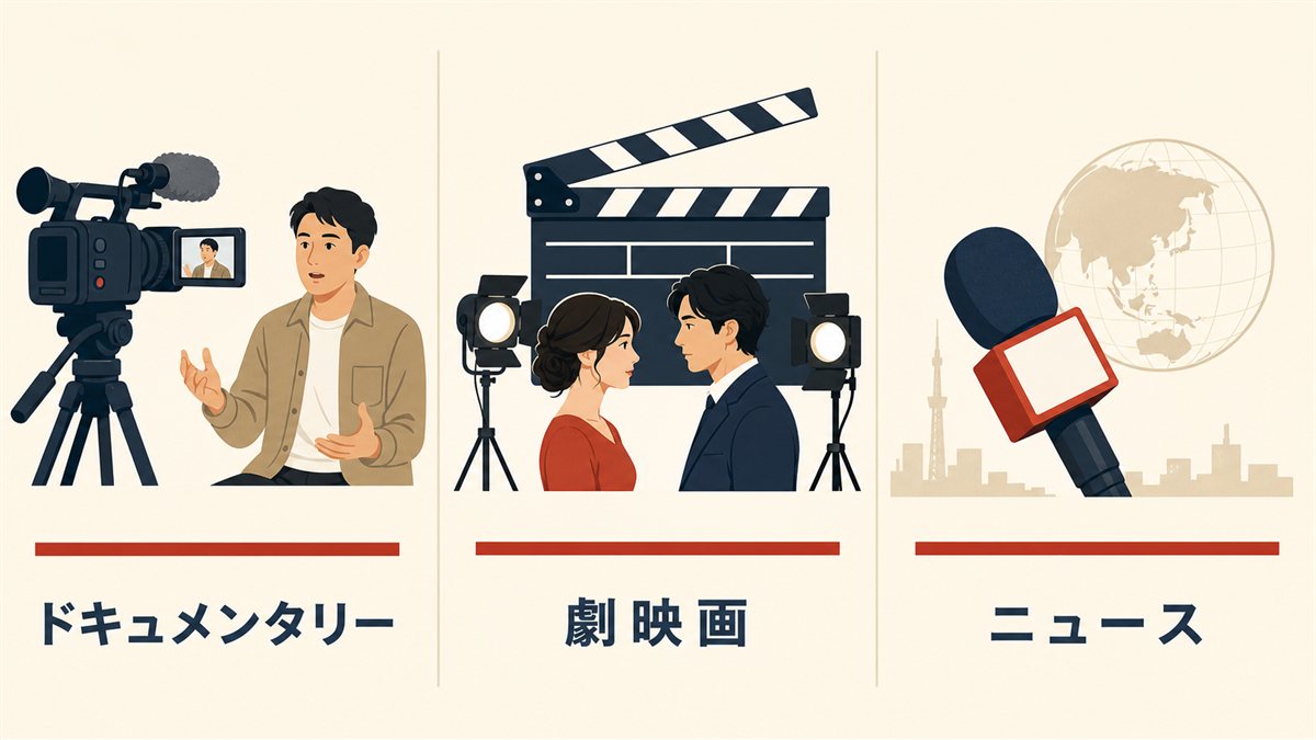 ドキュメンタリー映画・劇映画・ニュース映像を素材と作り手の視点で比較した図