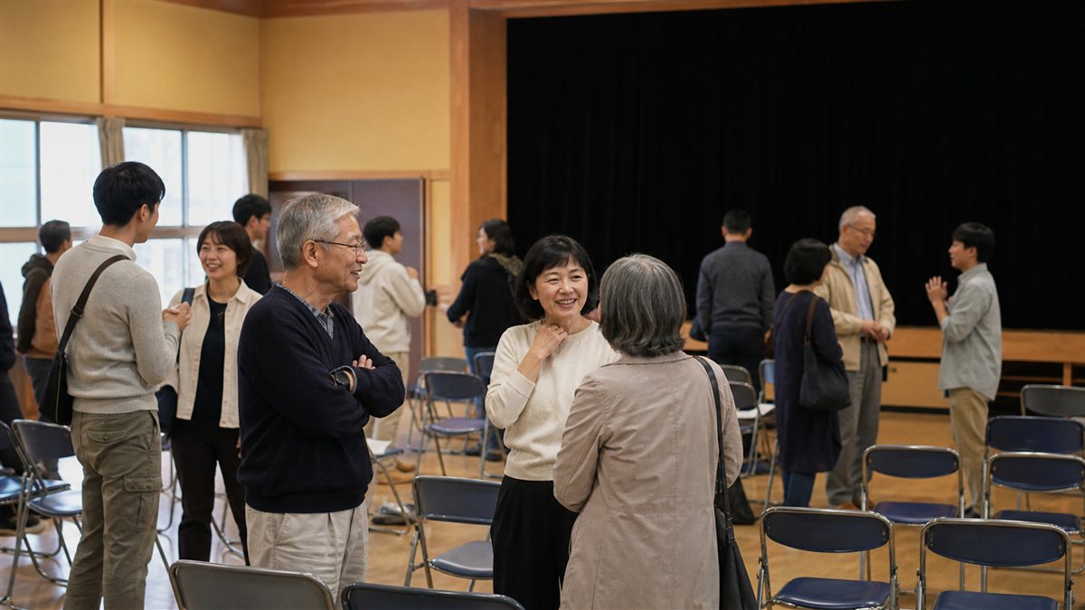 上映後の会場で参加者同士が明るい表情で感想を語り合っている様子