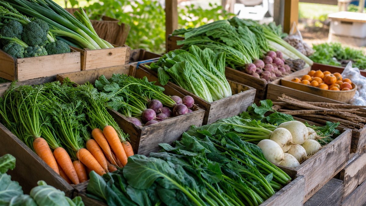 収穫された野菜が並ぶ市場の風景