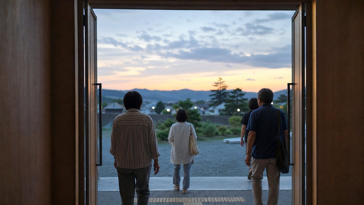 上映後の会場を出る参加者と、外に広がる夕暮れの空
