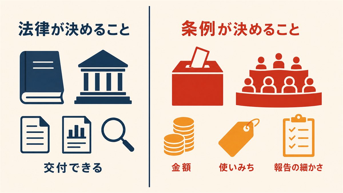 法律が決めていることと、条例(議会)が決めていることを左右に分けて示した図