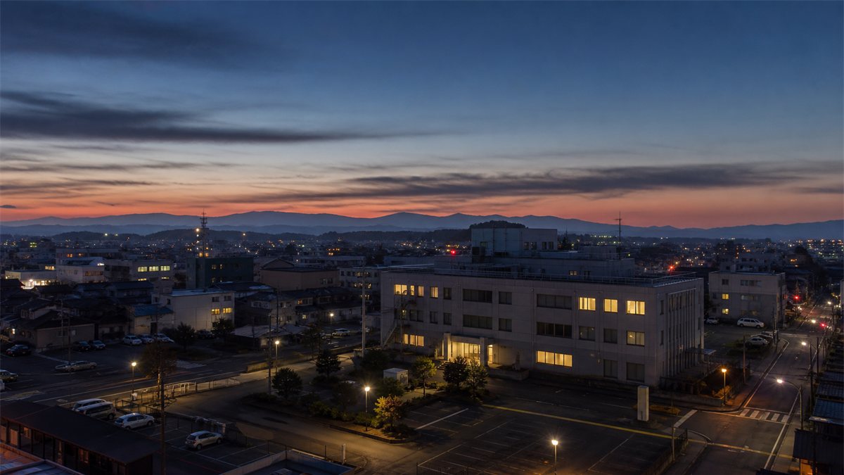 夕暮れの街並みと、灯りのついた庁舎らしき建物の窓