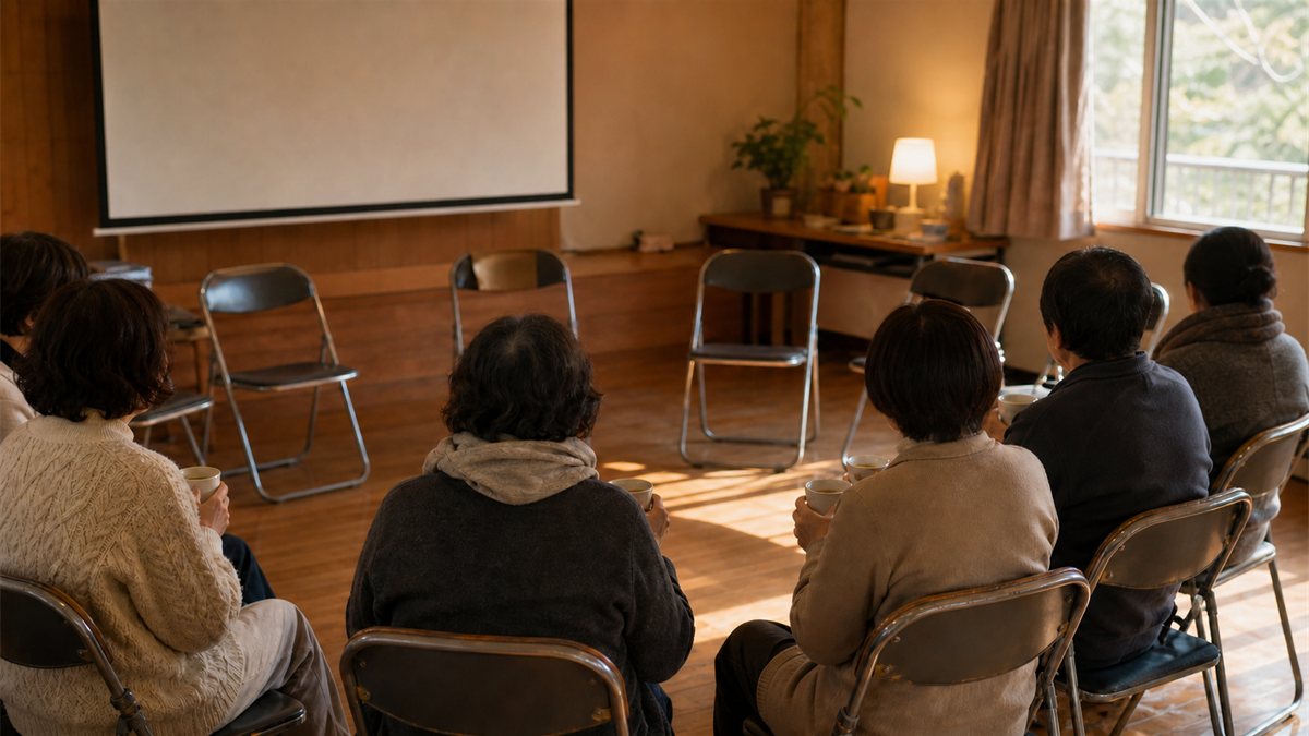 上映会のあと、輪になって静かに語り合う人々のあたたかな情景