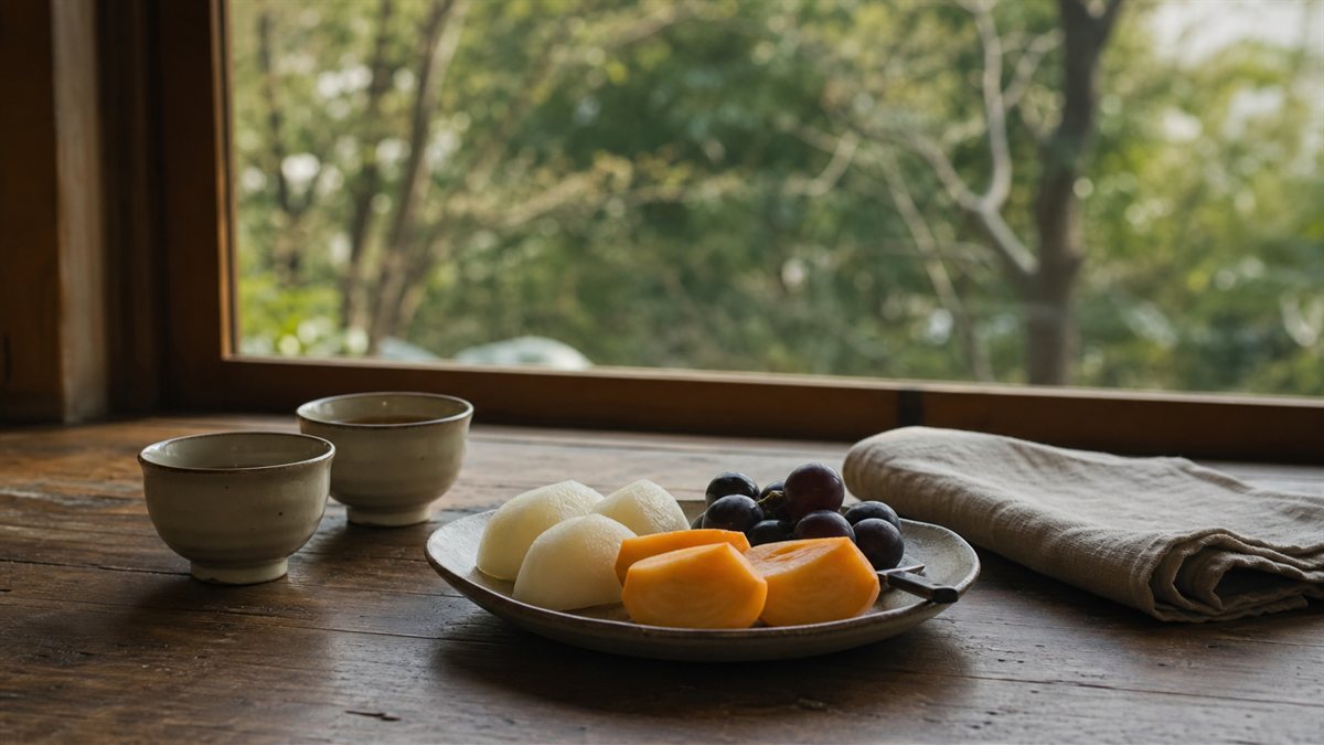 木の食卓に置かれた季節の果物と湯のみ、窓の外に雑木林が見える静かな情景