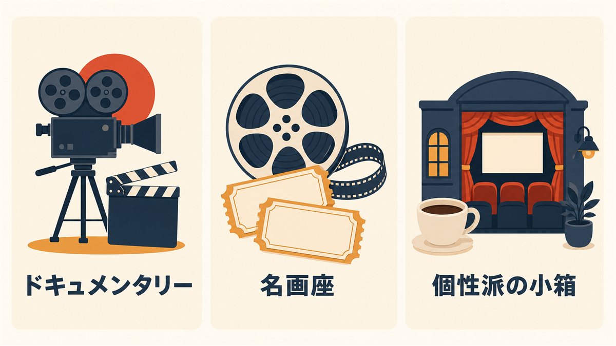 ドキュメンタリー・名画座・個性派の小箱という3タイプの選び方を示した図
