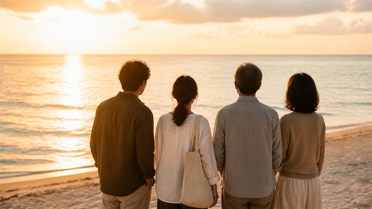 上映会のあと、きれいな海辺を眺めながら語り合う人々の明るい情景