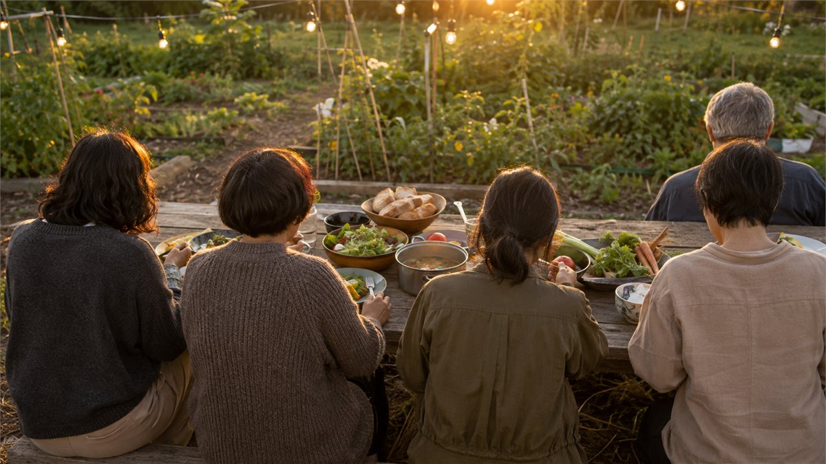 上映会のあと、庭のテーブルを囲んで料理を分け合う人々の後ろ姿